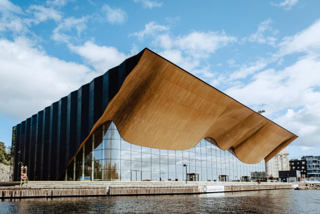 Stunning modern architecture of the Kilden Performing Arts Centre located at the waterfront in Kristiansand, Norway.